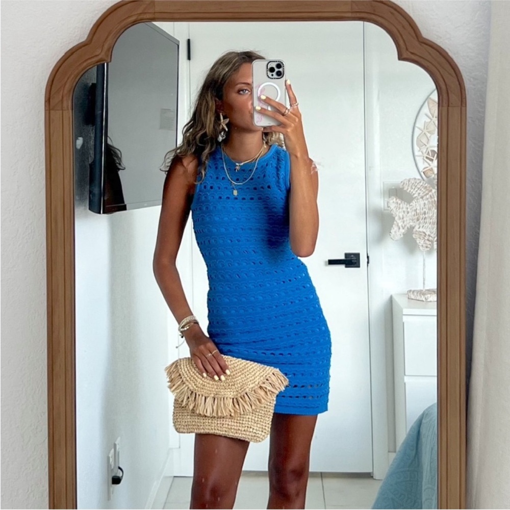 Lulus Attracted to You Blue Sleeveless Crochet Mini Bodycon Dress